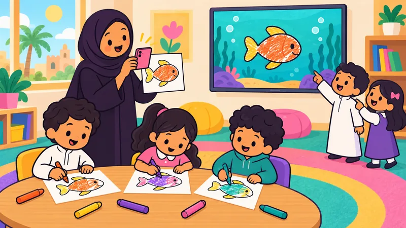 Kids in a classroom colour paper fish while their teacher snaps one with her phone; the same fish swims on the classroom screen.